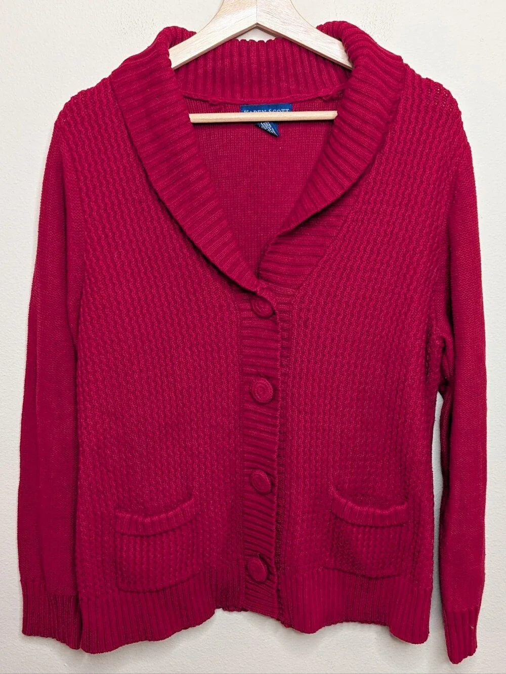 Karen Scott Cardigan Sweater Women's Size XL Red Shawl Collar Button Front
